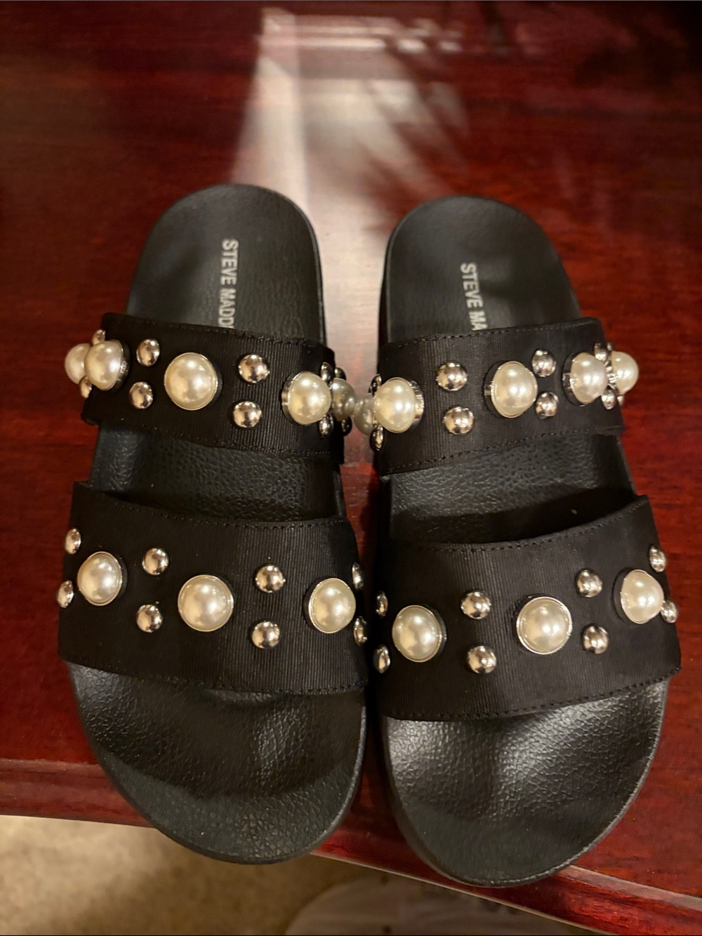 Steve Madden Black Slide Sandals with Pearl & Stud Accents